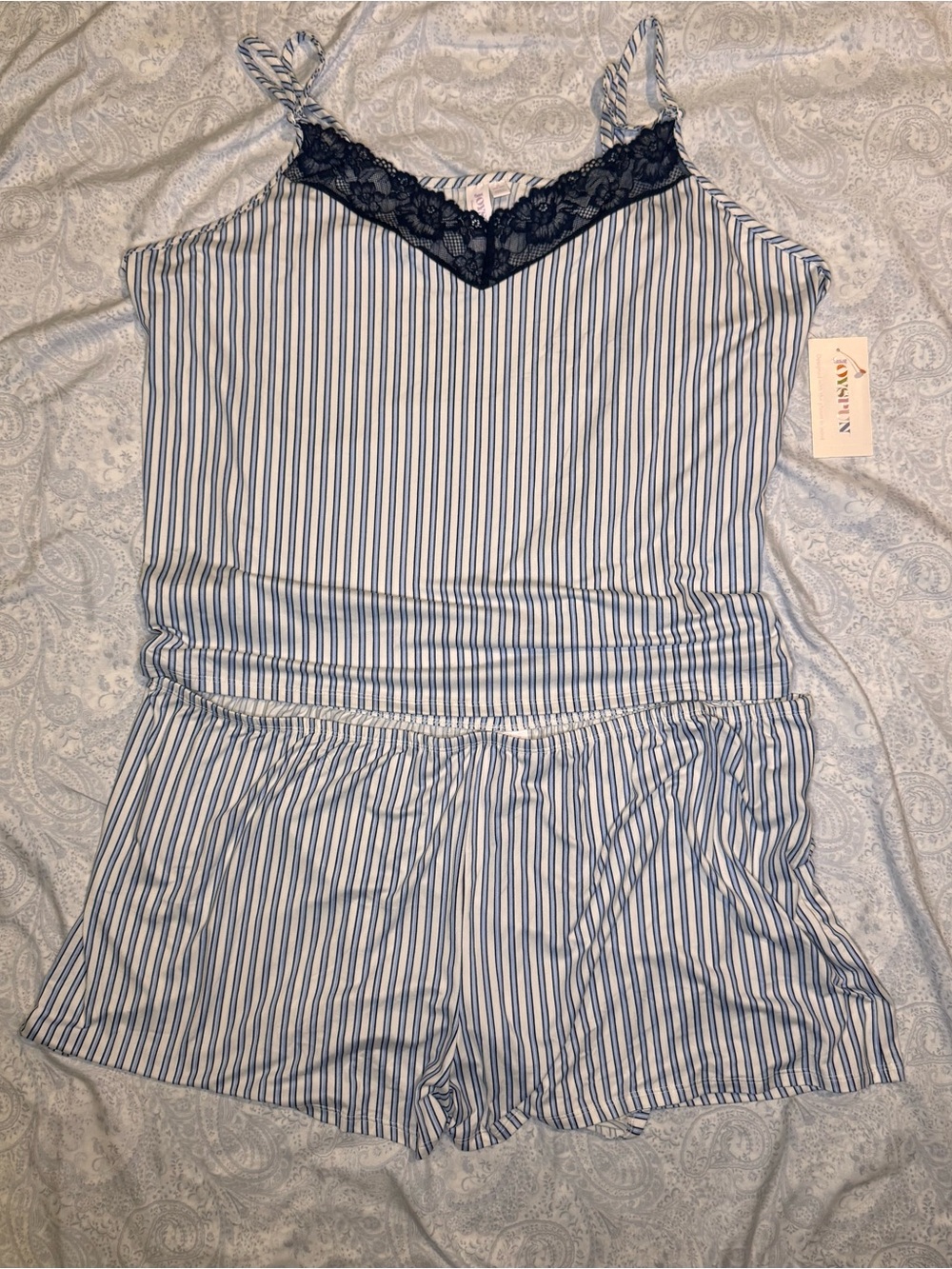 Joyspun Striped Navy & White Lace-Trim Adjustable Sleep Cami & Shorts